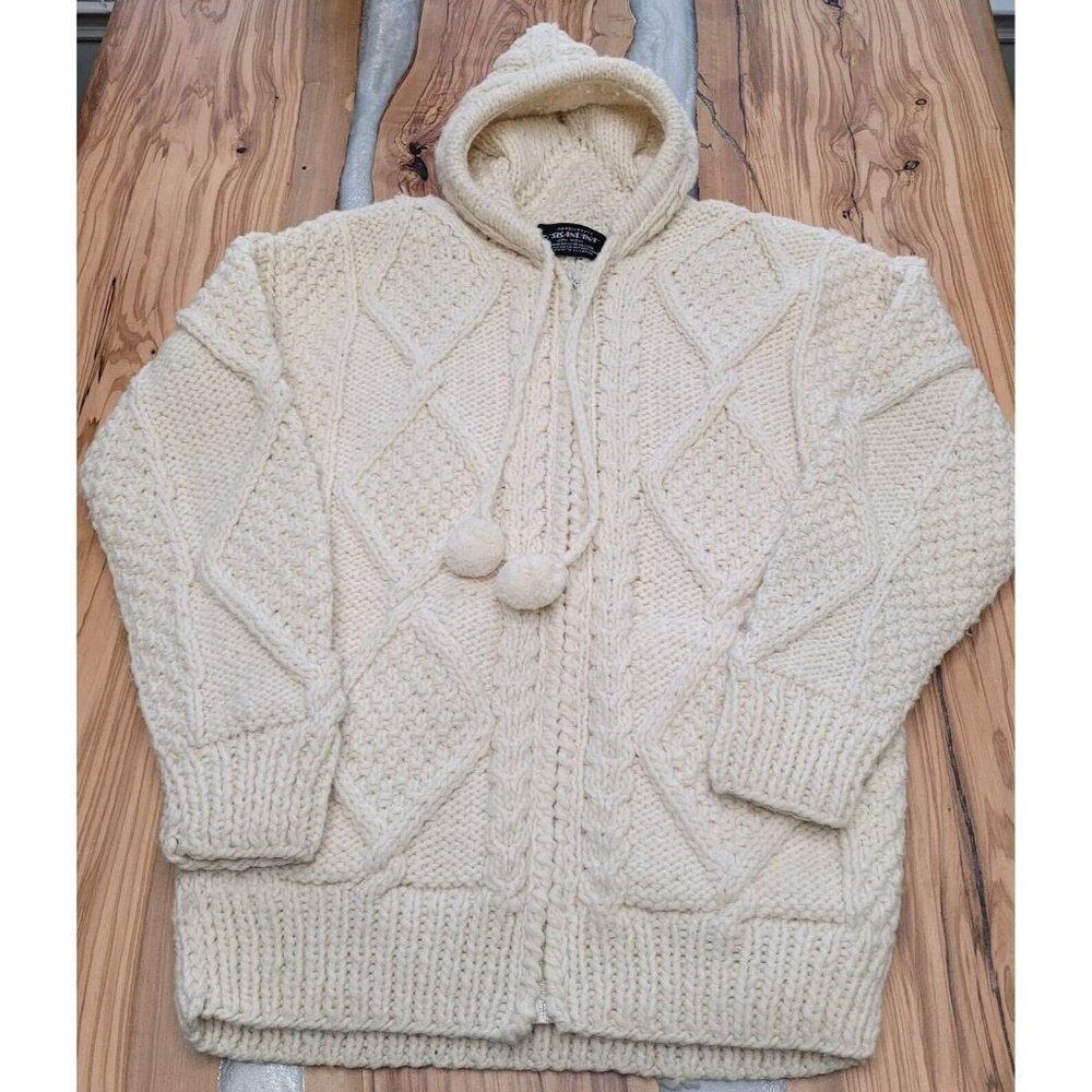 SISANDINA Wool Cardigan Sweater Chunky Cable Knit Hooded Zip Front Ivory Medium